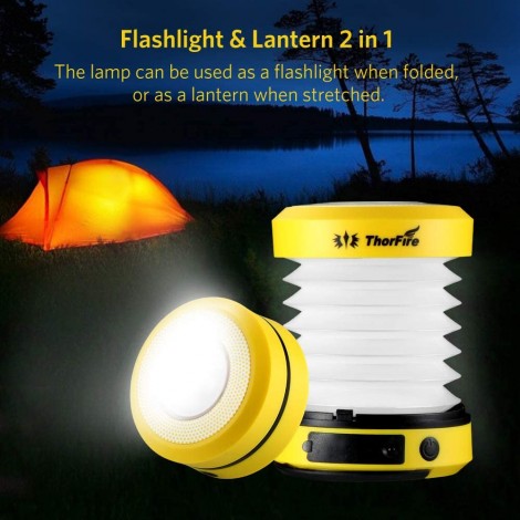 ThorFire 2 en 1 Lampe De Camping Lumière LED Haute Luminosité Lanterne Pliable Lanterne Rechargeable à Manivelle Lanterne Portable Rechargeable USB Adaptée à L'Aventure Et Au Camping B08H1MKKZT