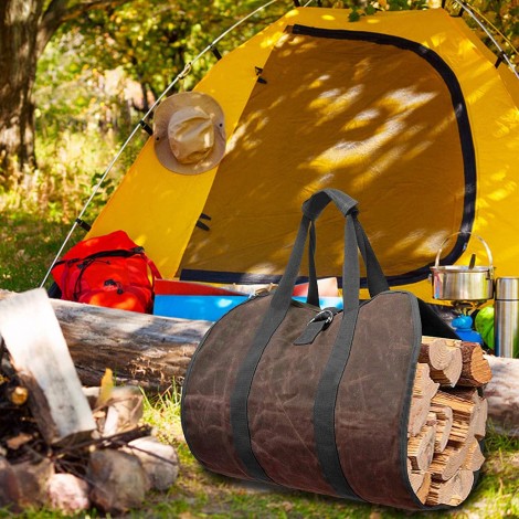 Support de bois de chauffage extérieur 360 support de bûches de bois de chauffage en toile cirée robuste avec poignées sac d'accessoires de poêle à bois pour le camping et le barbecue transportant d B09KXD51N3