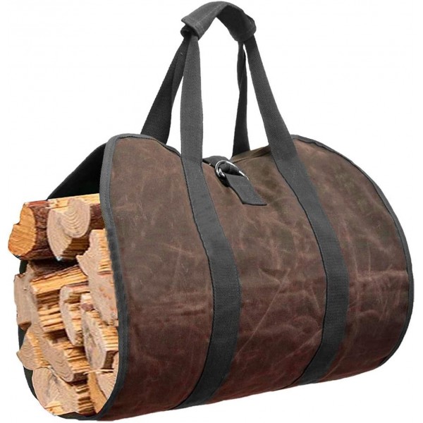 Support de bois de chauffage extérieur 360 support de bûches de bois de chauffage en toile cirée robuste avec poignées sac d'accessoires de poêle à bois pour le camping et le barbecue transportant d B09KXD51N3